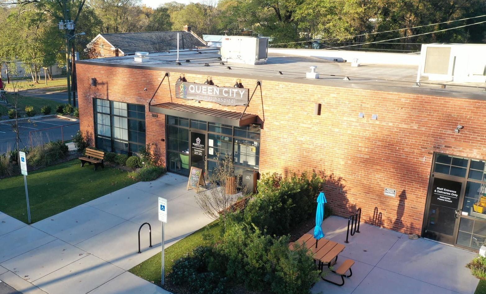 Aerial view of the Queen City Animal Hospital veterinary clinic exterior and entrance in Charlotte